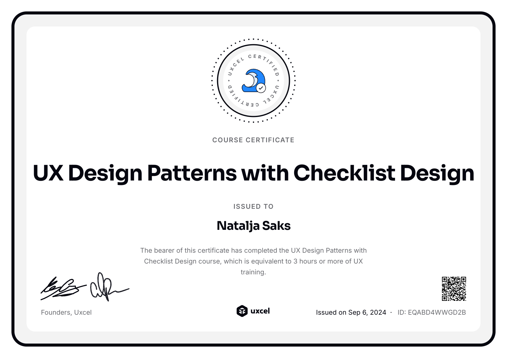 Natalja Saks's certificate